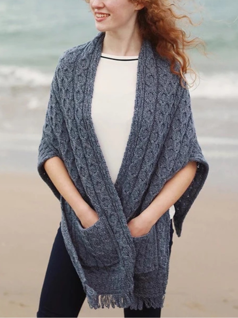 ARAN IRELAND Wool Shannon Throwover Aran Wrap With Pockets Denim Mark Blue NWOT
